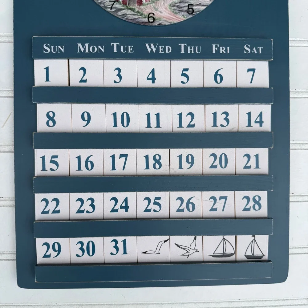 Nautical Wooden Wall Clock Perpetual Calendar Lighthouse Sailboat Blue Decor
